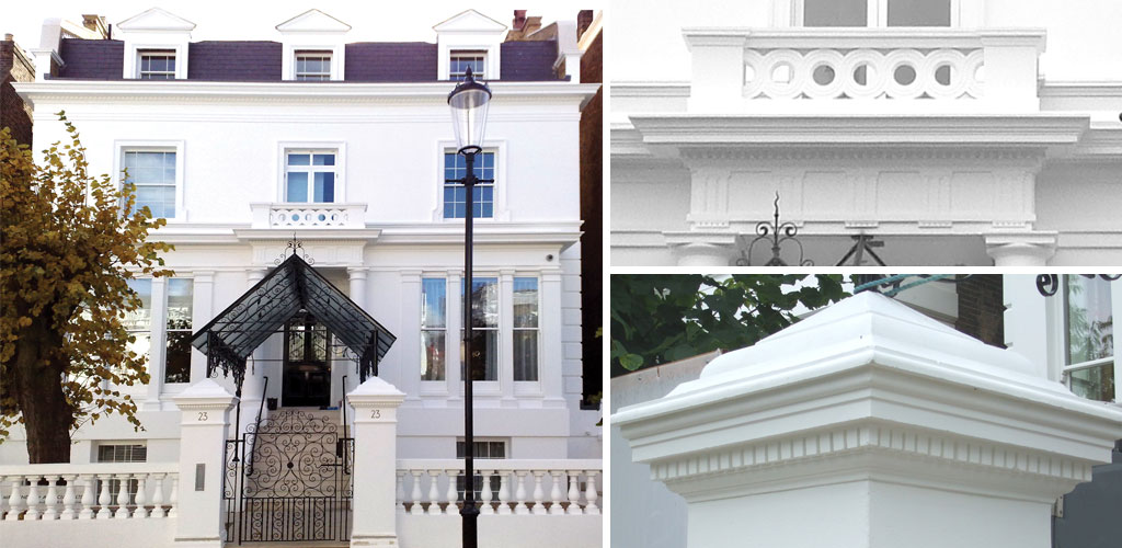 Complete exterior replaced, pediments, Dental Block cornice 16m long, Portico, Porch with columns and ballustrade, Window Pilasters, Quoins, Bottle ballustrade
